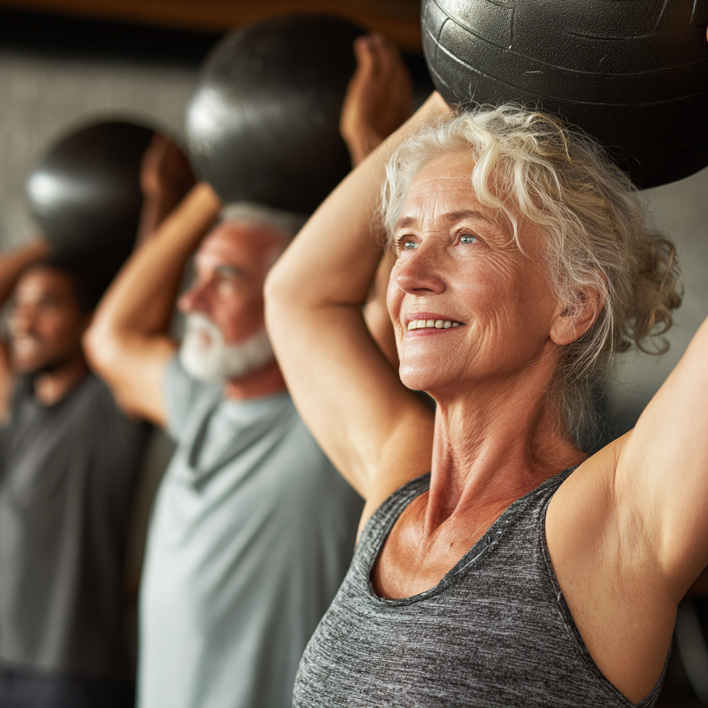 mature adults exercising together in supportive fitness environment