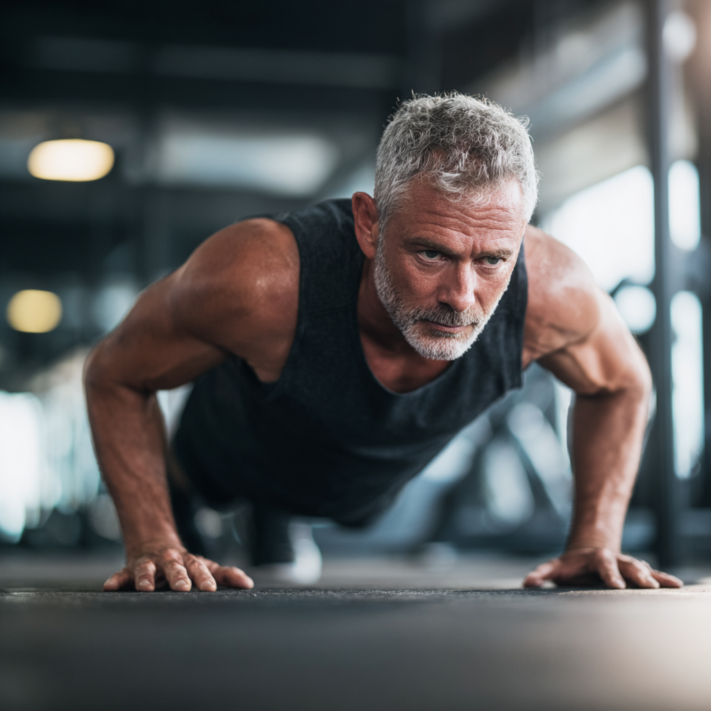 middle-aged person exercising with determination in modern fitness environment